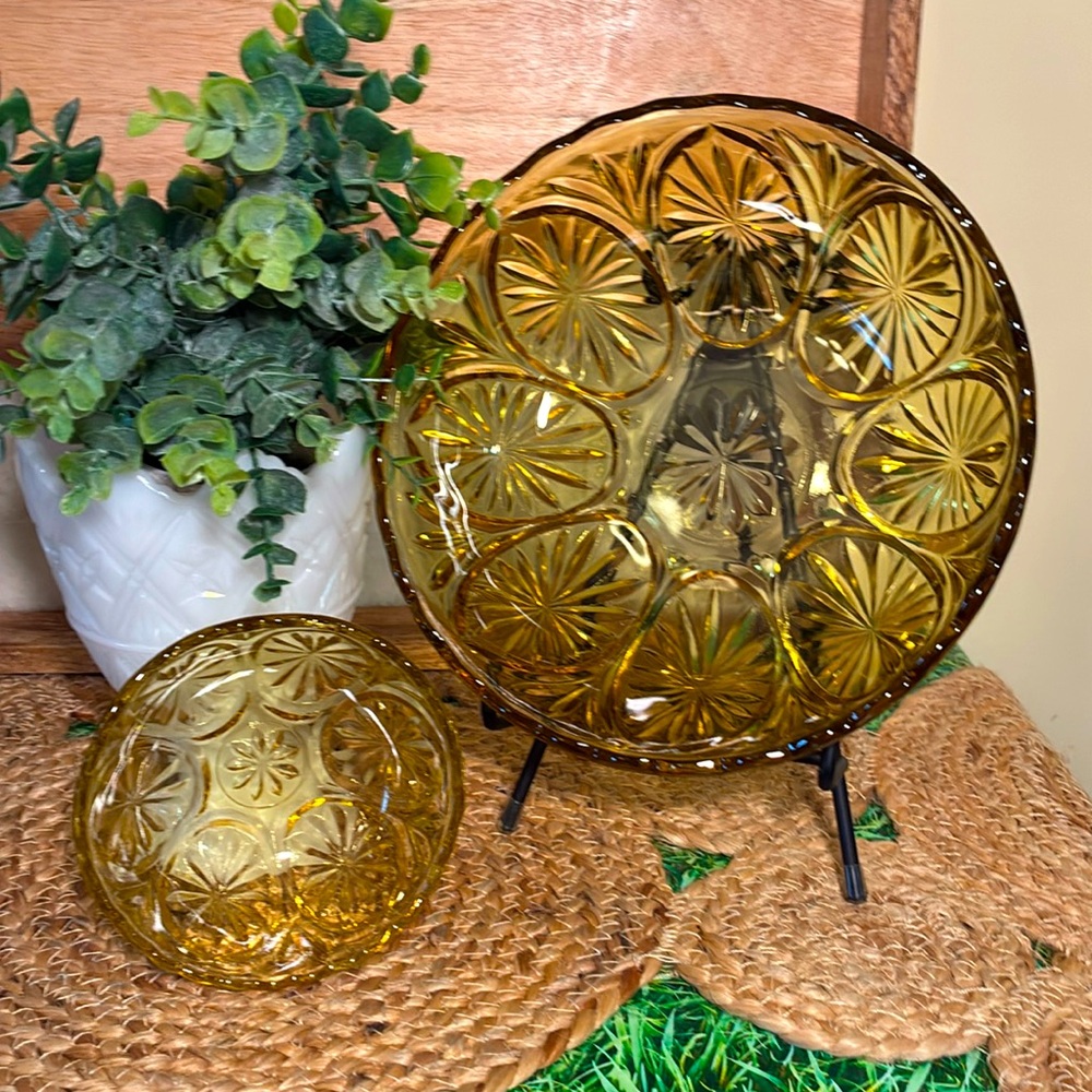 Anchor Hocking Amber Gold Glass Serveware Bowls with Intricate Design